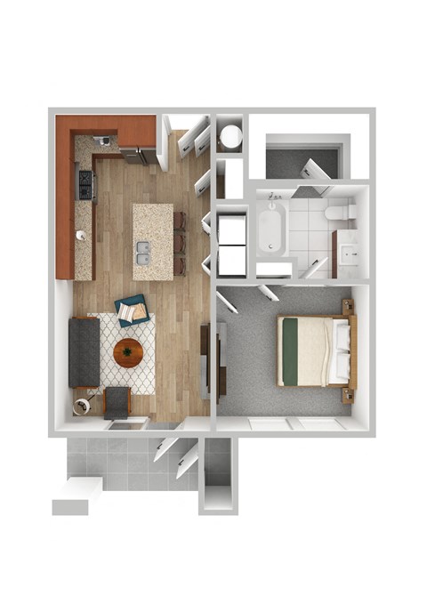 a stylized floor plan with a bedroom and living room